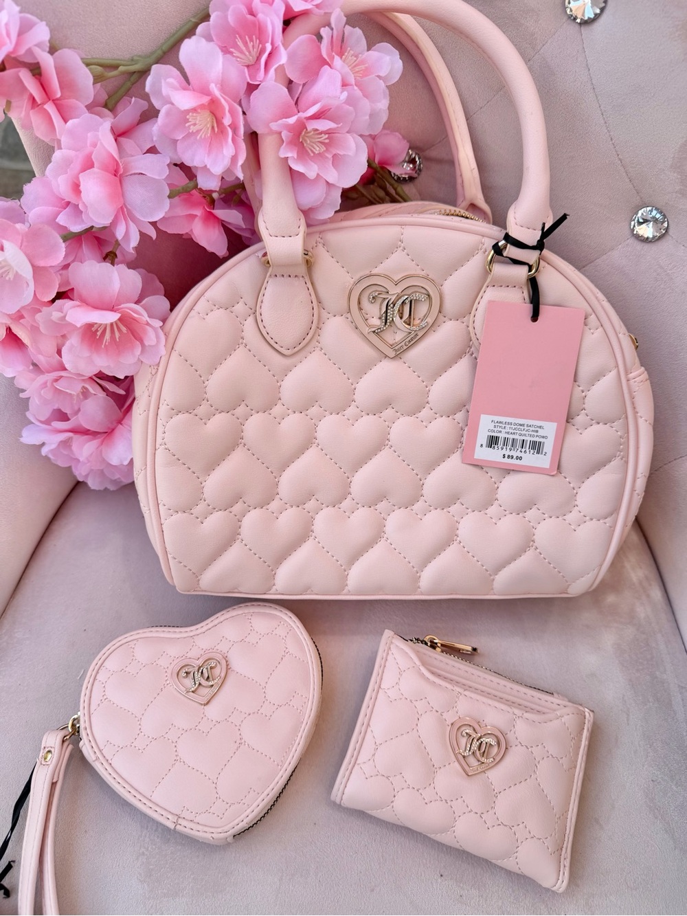 Juicy Couture Pink Quilted Bag set  with wallet and coin bag.